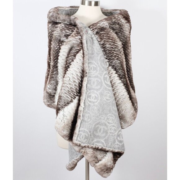 Chanel XL scarf shawl reversible 37" x 78" cashmere fur orylag gray rabbit 12k - Picture 8 of 16